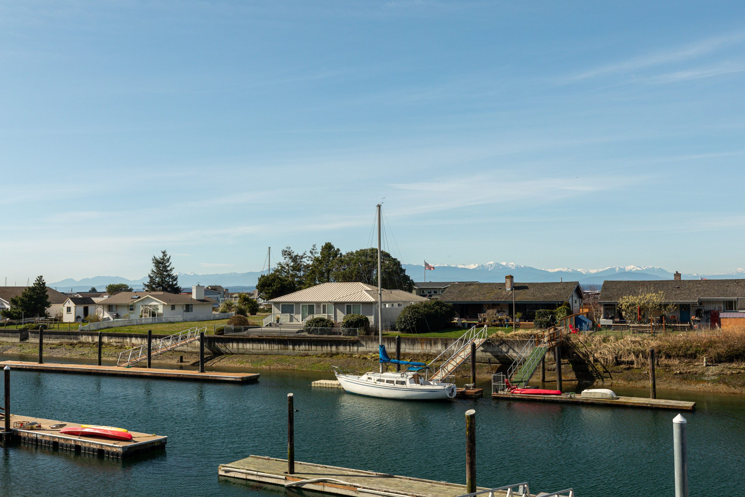 Ocean view, Mountain View, dock, boats, homes, Whidbey Island, Lagoon Point, Washington